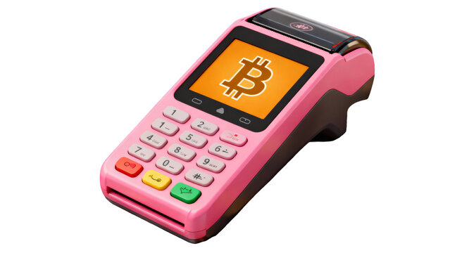 Modern Bitcoin Payment Terminal in Vibrant Pink Color - Powered by Adobe