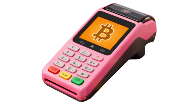 Modern Bitcoin Payment Terminal in Vibrant Pink Color - Powered by Adobe