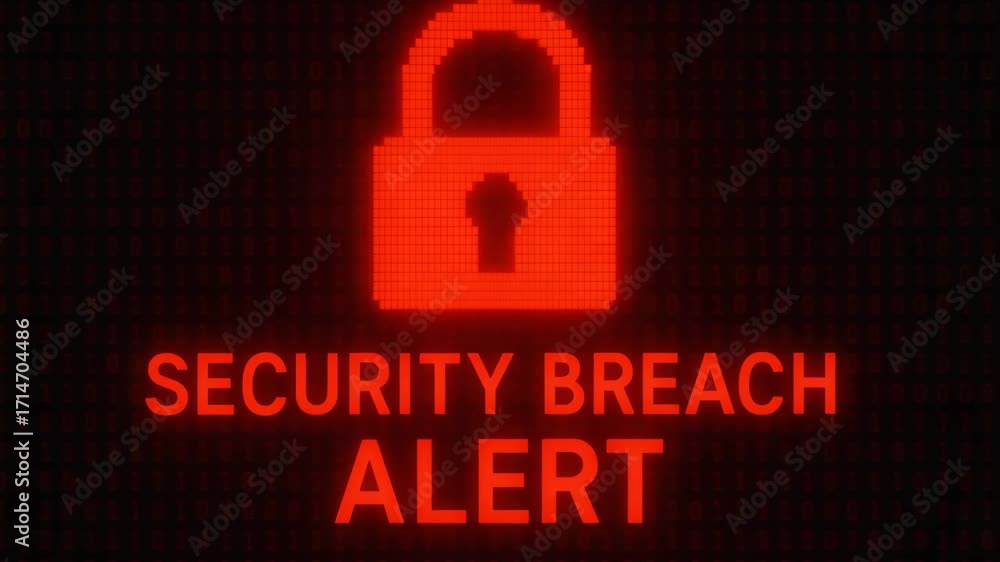 Poster a digital screen displaying a red security breach alert with a padlock icon, highlighting the import