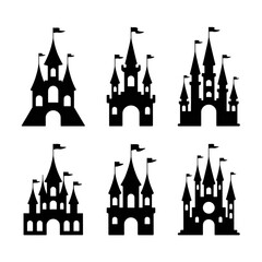 Obraz premium Six Fairytale Castle Line Art Icons; Dark Background; Elegant, Simple Design; Fantasy, Royal Theme; Vector Illustration.
