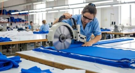 Woman using circular saw machine to cut blue fabric on a sewing production table in a textile factory.