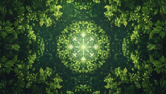 A vibrant, symmetrical pattern of lush, green leaves radiating from a central point of light, creating a mesmerizing, nature-inspired design.
