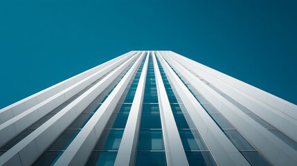 Low Angle View of Modern White Skyscraper Against Bright Blue Sky