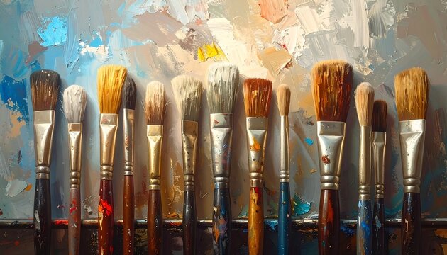 Artistic paintbrushes arranged on a colorful palette