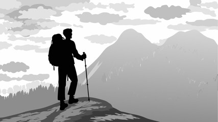 Stunning mountain vista with hiker, adventure awaits, explore the outdoors, conquer the peak