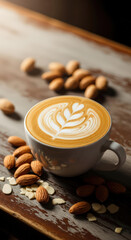 Almond milk cappuccino with heart latte art, a taste and art experience combining the warmth of coffee with plant-based lightness