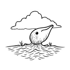 Stylized depiction of an animal rising from the water under a cloud for children illustrations