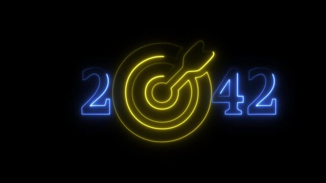 Abstract glowing neon 2042 in the form of numbers and darts instruments on a red background.Business targets refer to specific, measurable goals or objectives that a company sets to achieve  