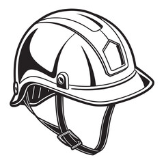 Black and white illustration of a firefighter helmet with straps and protective features