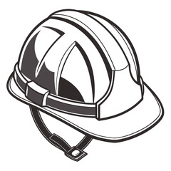 Black and white illustration of a hard hat with a chin strap for safety on a construction site