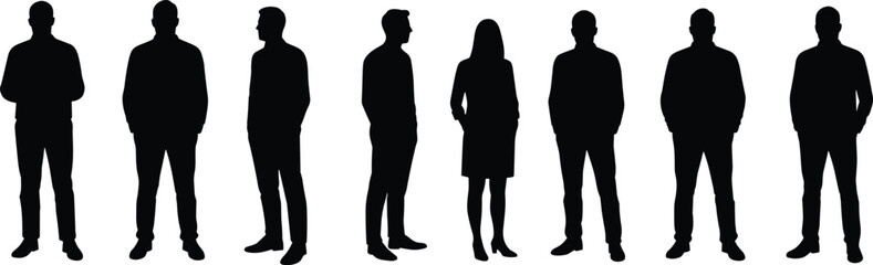 Silhouette group of people standing together, men and women in casual and business poses, teamwork diversity concept, crowd illustration vector