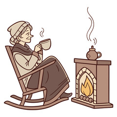 Cozy scene of an elderly woman in a rocking chair holding a warm drink by a fireplace