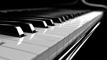 Close-up perspective of glossy black and white piano keys in monochrome style reflecting light symbolizing classical music, elegance, and artistry