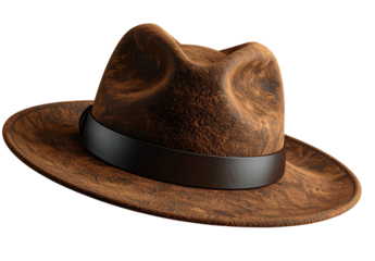 Classic Brown Felt Fedora Hat with Leather Band, Front View, Transparent Background