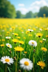 Fototapeta premium Serene Summer Field of Dandelions Swaying Gently in the Breeze Breathtaking Nature Scene of Vibrant Yellow and White Flowers