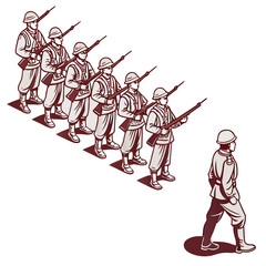 A line of soldiers in uniform holding rifles marching in formation with a single soldier walking ahead