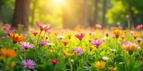 Obraz premium Vibrant wildflowers blooming in a lush meadow bathed in the warm sunlight of springtime Perfect for themes of renewal, growth, and the beauty of nature's awakening , beauty, wildflowers