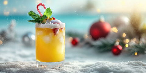 Tropical Christmas cocktail with pineapple, coconut, mint, candy cane, served on white sandy beach in bright daylight, festive exotic holiday drink concept with copy space