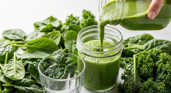 Detox green smoothie being poured into a mason jar, surrounded by spinach and kale, healthy eating concept