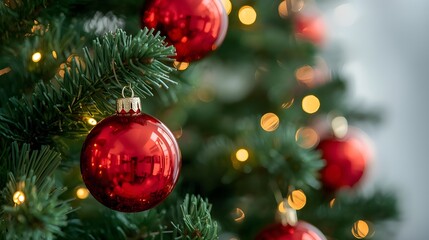 Obraz premium christmas, tree, red, ornament, bauble, shiny, festive, holiday, decoration, gold, sparkle, celebration, glowing, seasonal, xmas, bright, cheerful, lights, bokeh, pine, branches, traditional, merry, w