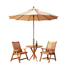 Outdoor Patio Set with Umbrella on Transparent Background, Chairs, Table, and Bottle