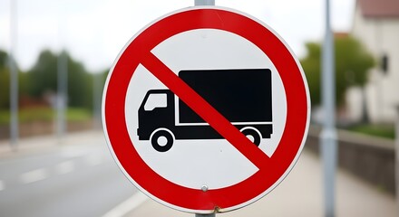 A clear red and white circular road sign prominently displayed on a street, indicating the prohibition of large commercial vehicles and emphasizing traffic regulation for urban safety