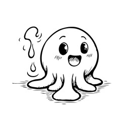 Whimsical depiction of a cartoon ghost illustration floating with joyful expression and liquid