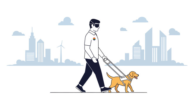 Vector art of blind man with guide dog walking in a city with buildings