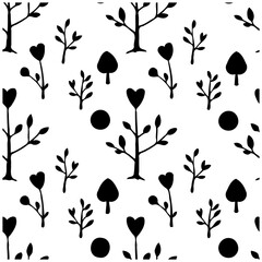Whimsical foliage pattern of abstract trees and various botanical elements creating a