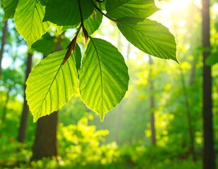 Lush, vibrant green leaves bathed in sunlight, showcasing a tranquil forest scene.