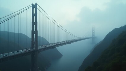 Obraz premium A majestic suspension bridge spans a misty landscape, showcasing its impressive structure against a backdrop of hazy mountains.
