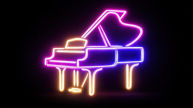 Glowing neon outline of grand piano in vibrant pink, purple, and yellow light on black background symbolizing modern music, nightlife, and creativity