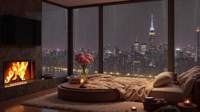 fireplace in the living room, rain video