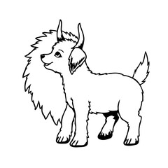 Whimsical line art illustration of an imaginative creature with horns and fluffy mane creates