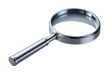 Minimalist Metallic Magnifying Glass Icon for Search and Analysis, Transparent Background