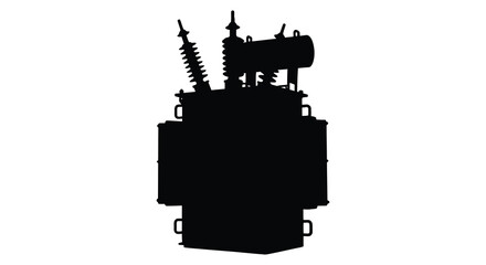 Silhouette of a large electrical transformer against a plain white background