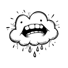 Whimsical monochrome cloud character illustration displaying dripping raindrops and an expressive