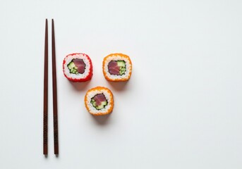 An overhead view of three pieces of tuna and roe sushi rolls with chopsticks on a white background with copy space