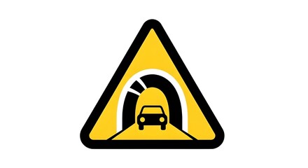 Vector illustration of a yellow triangular warning sign indicating a tunnel ahead, featuring a car icon isolated on a white background