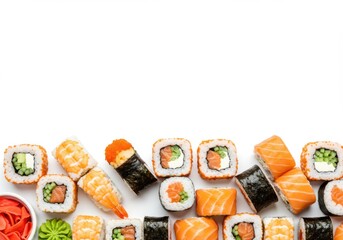 An attractive bottom border of assorted sushi rolls and nigiri on a white background with ample copy space