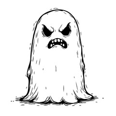 Whimsical spectral apparition with menacing expression floats in stark black and white design