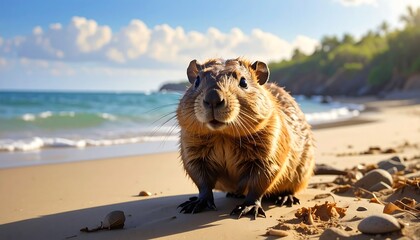 A curious rodent gazes directly at the camera, positioned on a sandy beach, with the ocean as a soft backdrop.