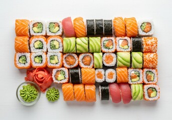 A top-down view of a large platter of various sushi rolls, nigiri, and maki on a white textured background