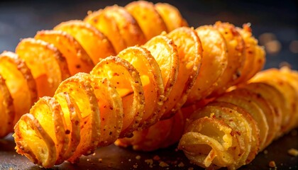 Golden spiral potato fries on dark metal