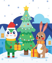 Cute christmas characters exchanging gifts under a decorated tree