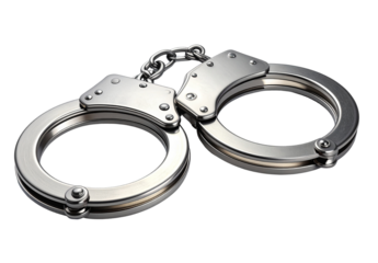 Open Metal Handcuffs with Chain Link, Perspective View, Transparent PNG