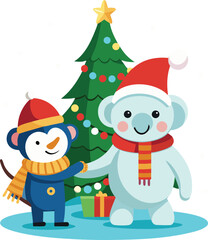 Cute christmas animals and decorated tree