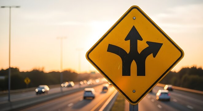 Yellow road sign indicating a choice of multiple directions on a highway at sunset with cars in the background