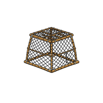 Cartoonstyle wooden crab trap with black netting and square shape.
