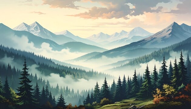 A serene landscape painting showcasing a valley nestled between majestic, snow-capped mountains, blanketed in a soft, ethereal mist, with a dense forest of pine trees lining the slopes, creating a...